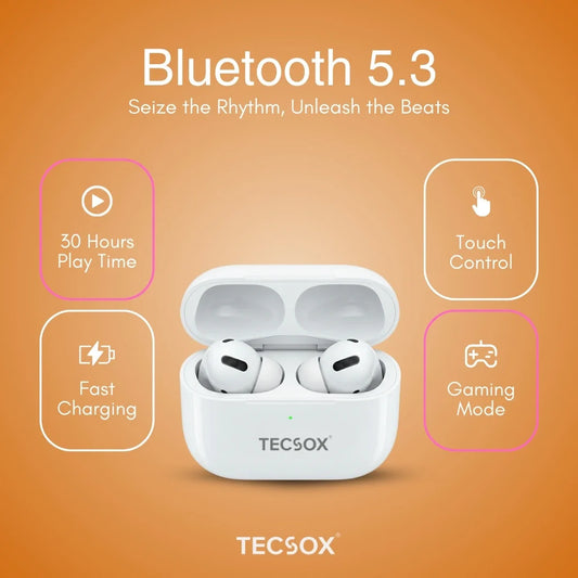 Buy Shoptzy TecPod Max White Bluetooth Earbuds | Powerful Deep Bass | 30-Hour Playback