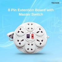 Shoptzy 8-Pin Extension Board with Master Switch | 2.7 m Cable | Fuse Protection | International Sockets